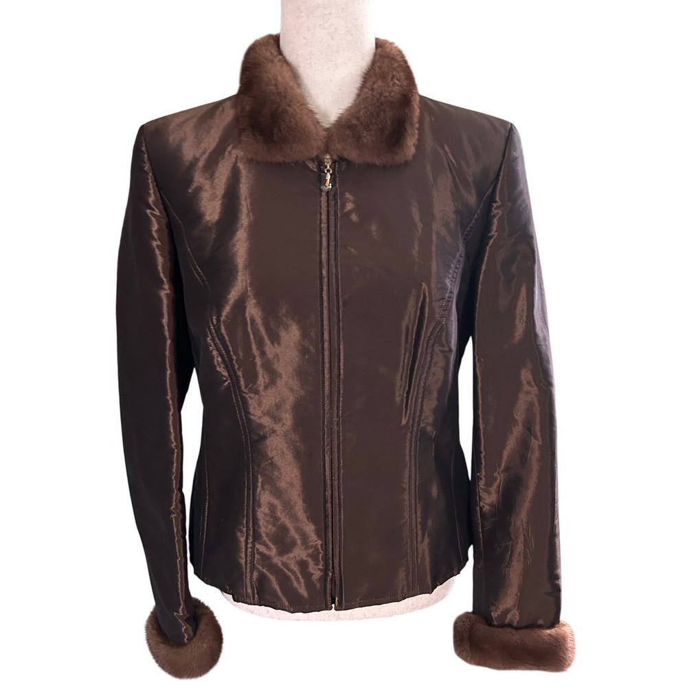Escada Brown Shimmer Fur Trim Zip Up Jacket Crystal Pull Size 38